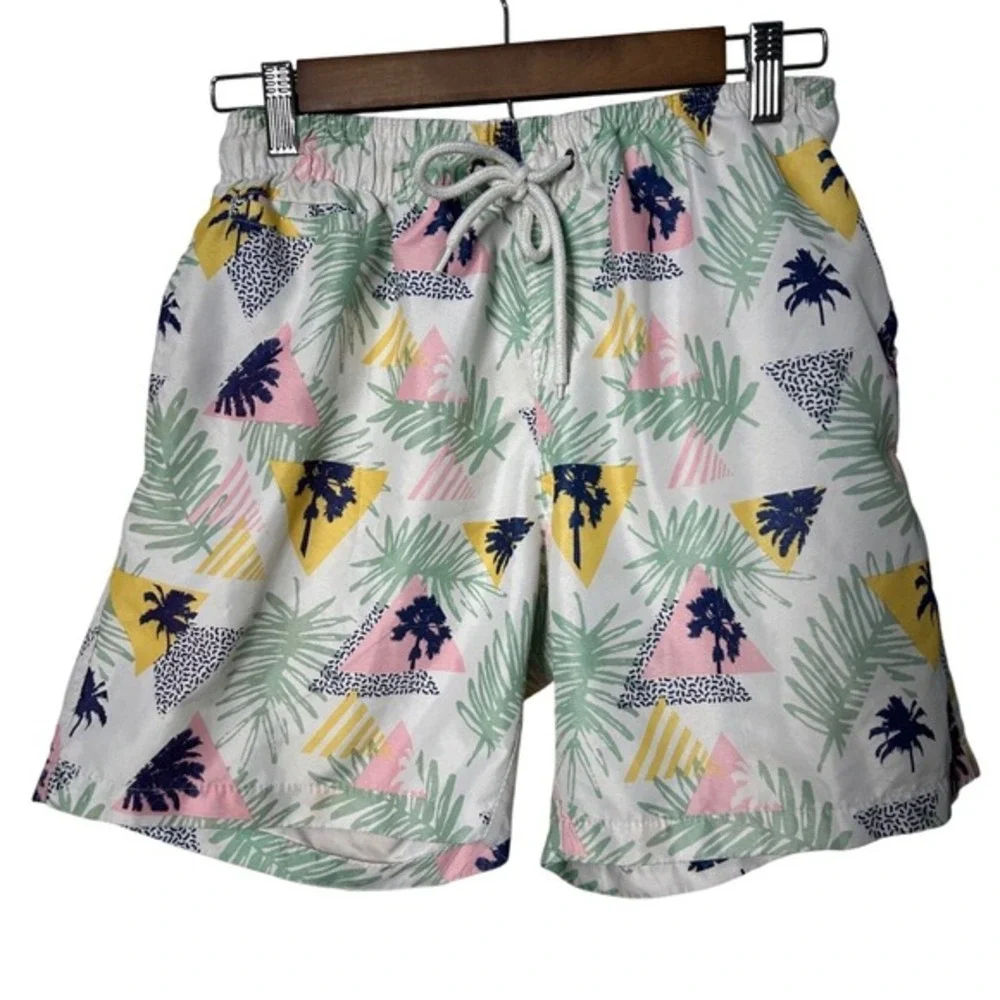 Free Planet Men Small Swim‎ Trunks White Tropical Geometric Palm Tree Print 5in